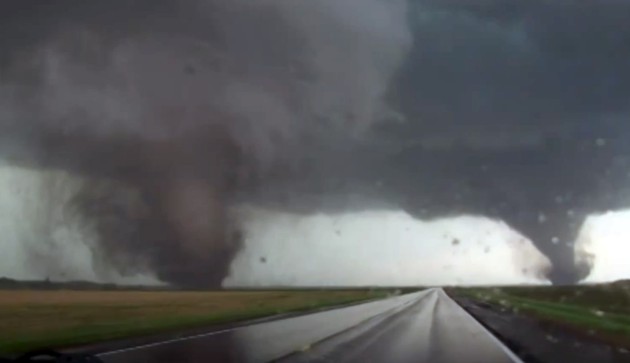 Two tornadoes near, Pilger, Nebraska, on Monday, June 16. (AP Photo/StormChasingVideo.com)