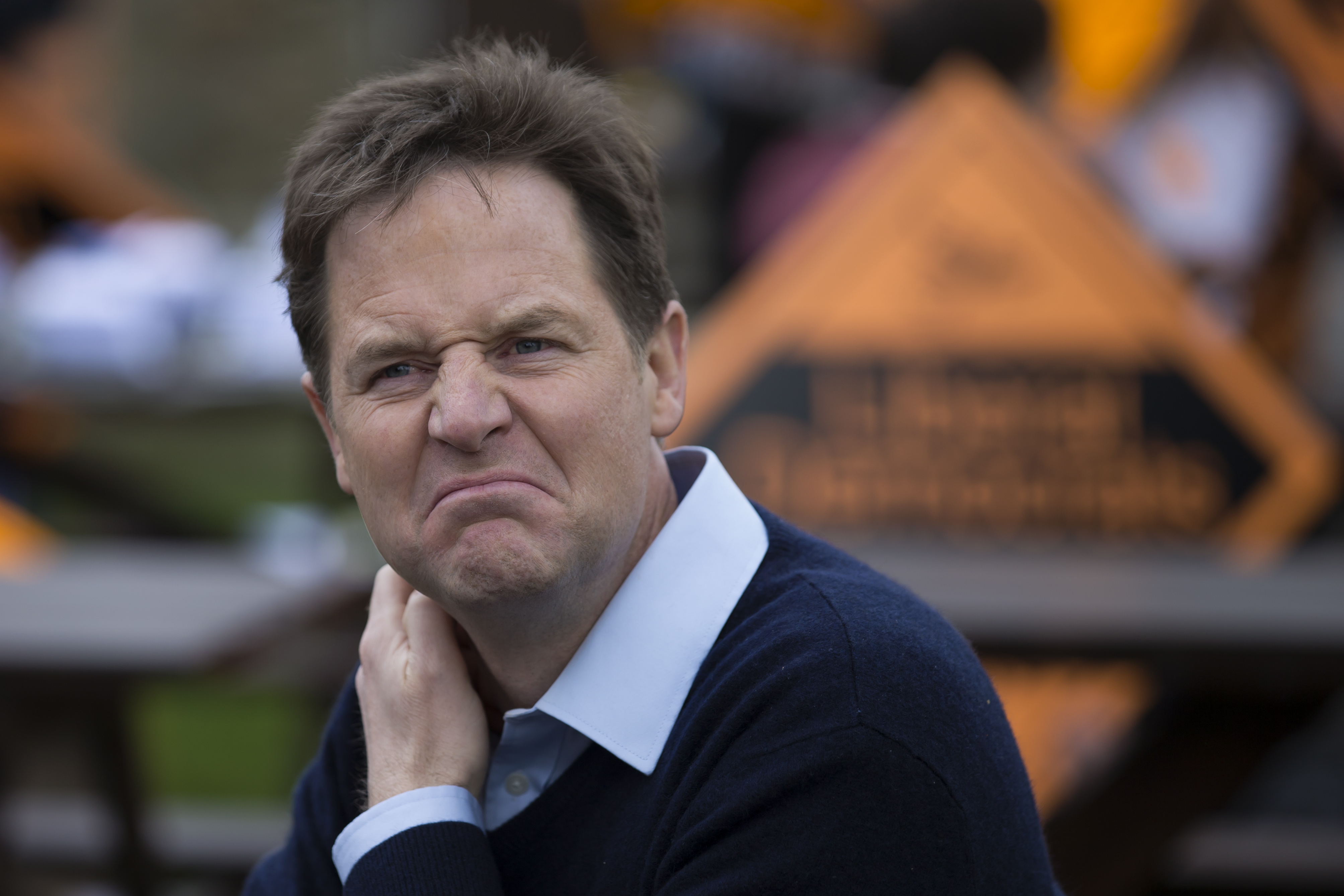 Britain's Liberal Democrat Party Leader Nick Clegg gestures at a meeting with party activists at the Devonshire Arms pub in Sheffield, England, Friday April 24, 2015.  (AP Photo/Jon Super)