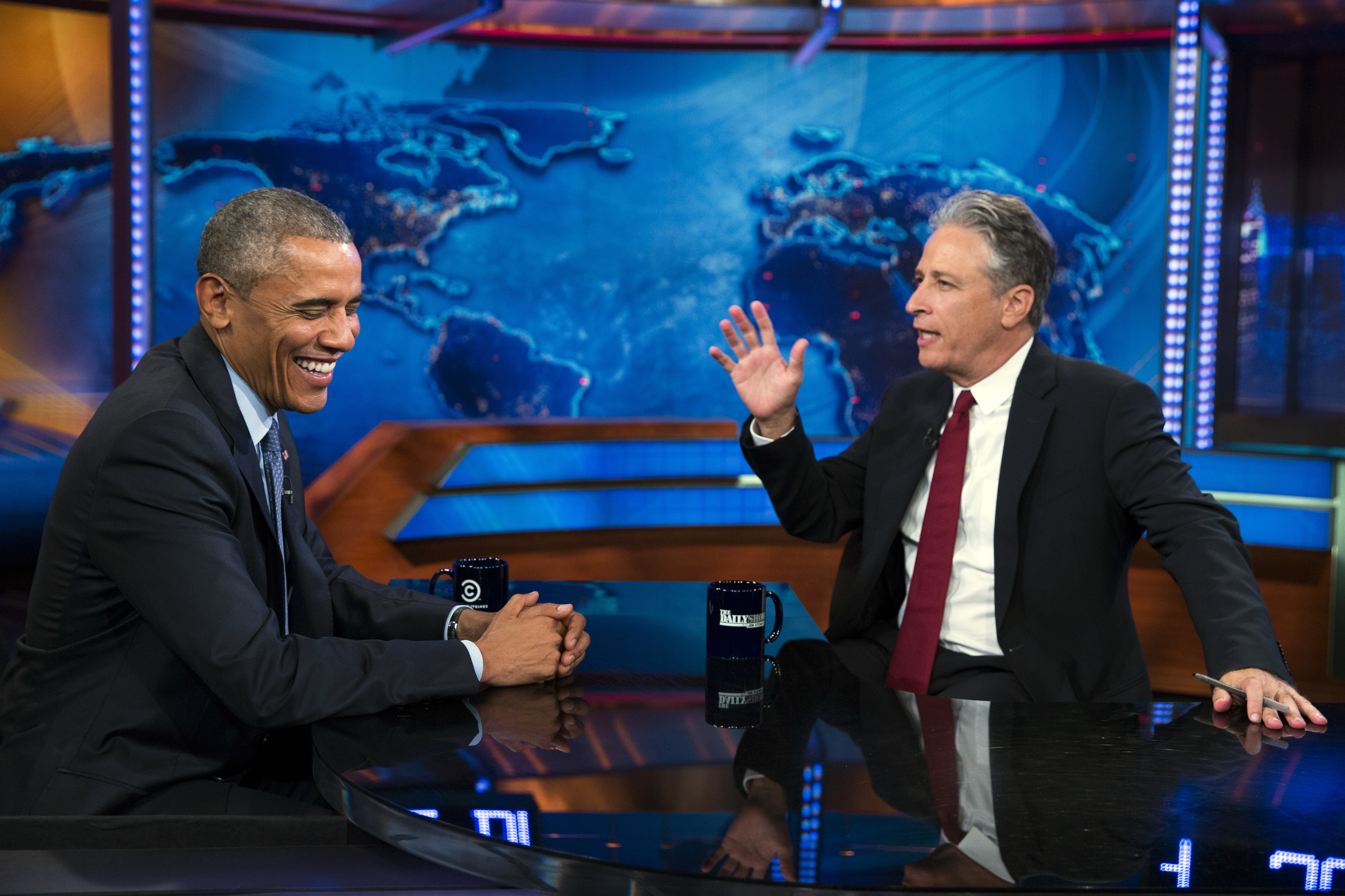 President Barack Obama, left, talks with Jon Stewart, host of "The Daily Show" during a taping on Tuesday, July 21, 2015, in New York. (AP Photo/Evan Vucci)