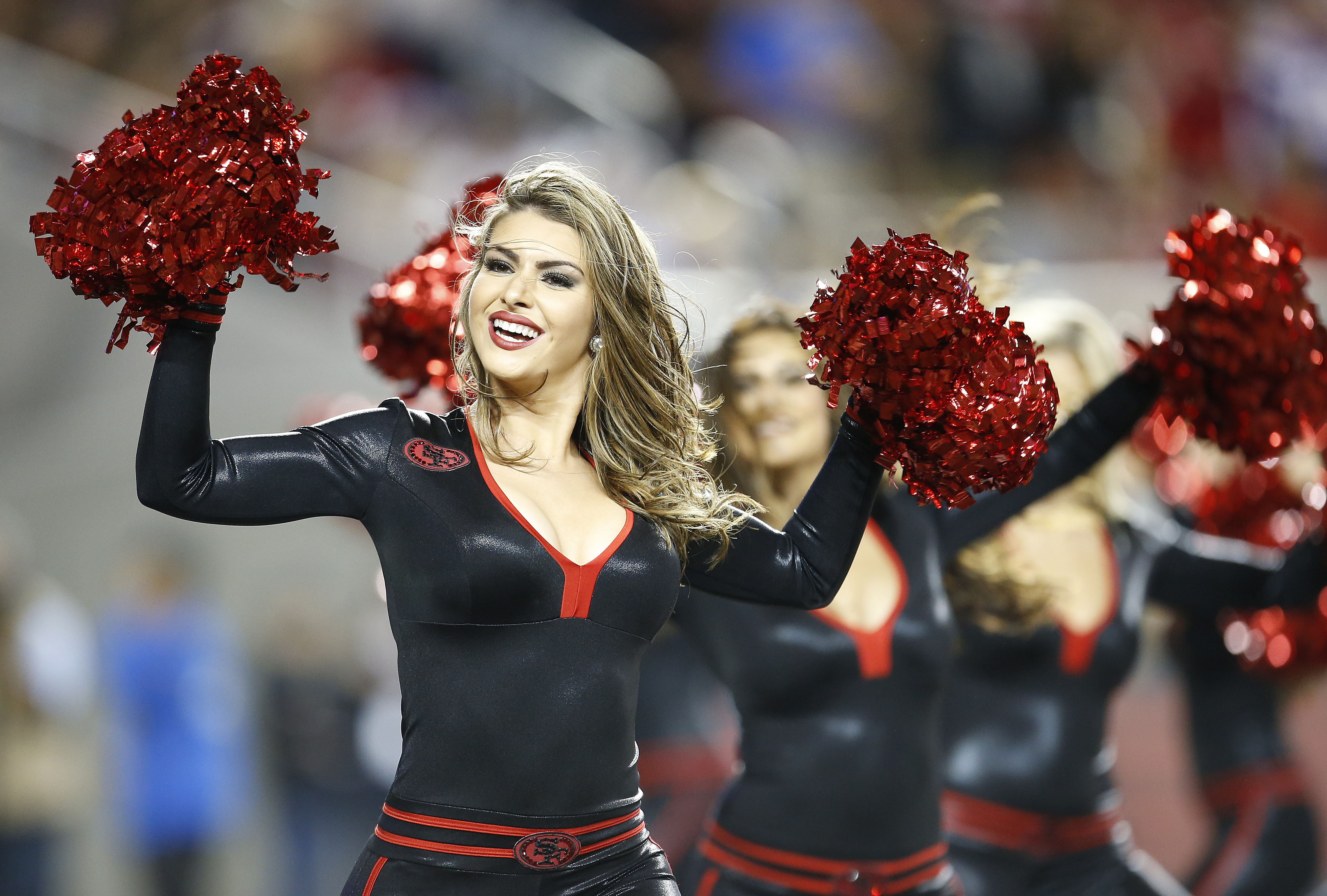San Francisco 49ers cheerleaders perform during the first half of an NFL football game between the San Francisco 49ers and the Minnesota Vikings in Santa Clara, Calif., Monday, Sept. 14, 2015. (AP Photo/Tony Avelar)