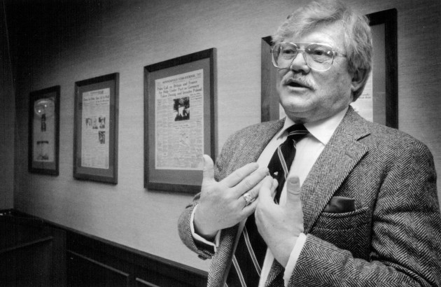 In this photo taken April 18, 1987, T. Eugene Thompson speaks at the Press Club in Minneapolis. Thompson — a lawyer convicted in one of Minnesota's most notorious murder cases — died on his 88th birthday on Aug. 7 at his home in Roseville, Minn., apparently of natural causes, his son District Judge Jeffrey Thompson, confirmed Wednesday, Sept. 2, 2015. Thompson was a successful St. Paul attorney who was convicted of hiring a hit man in 1963 to kill his 34-year-old wife, Carol Thompson, the mother of their four children, so he could collect more than $1 million in life insurance and be free to carry on an affair with his mistress.  (Stormi Greener/Star Tribune via AP)  