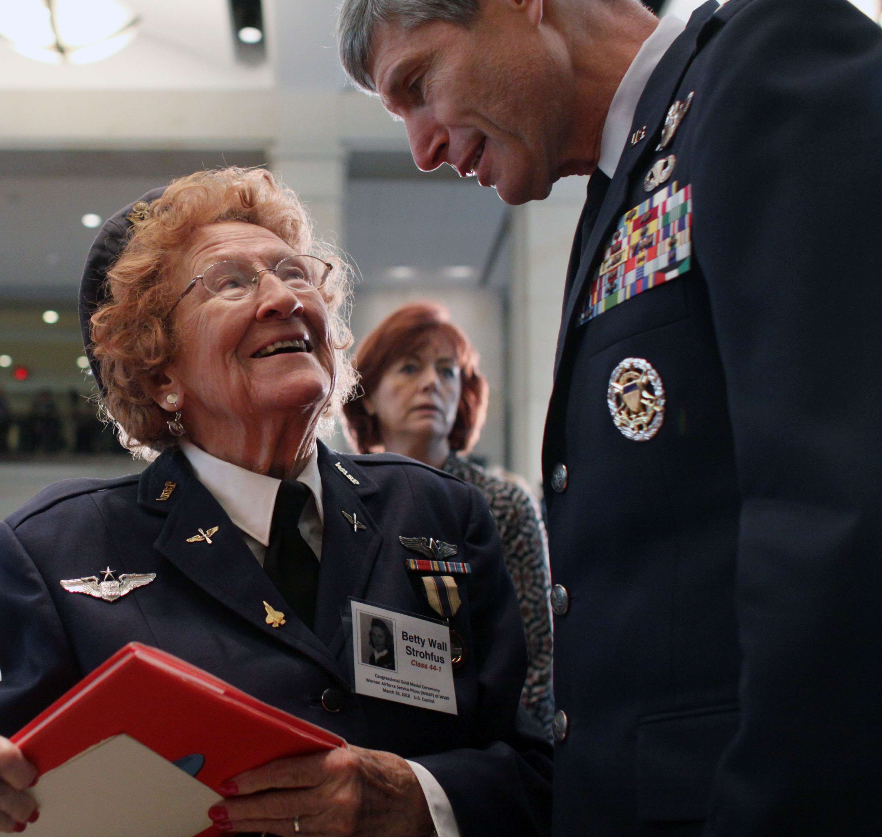 Air Force Chief of Staff Gen. Norton Schwartz greets Betty Wall Strohfus of Faribault, Minn., on Capitol Hill on  March 10, 2010, before she and other members of the Women Airforce Service Pilots were awarded the Congressional Gold Medal. (AP Photo/Lauren Victoria Burke)