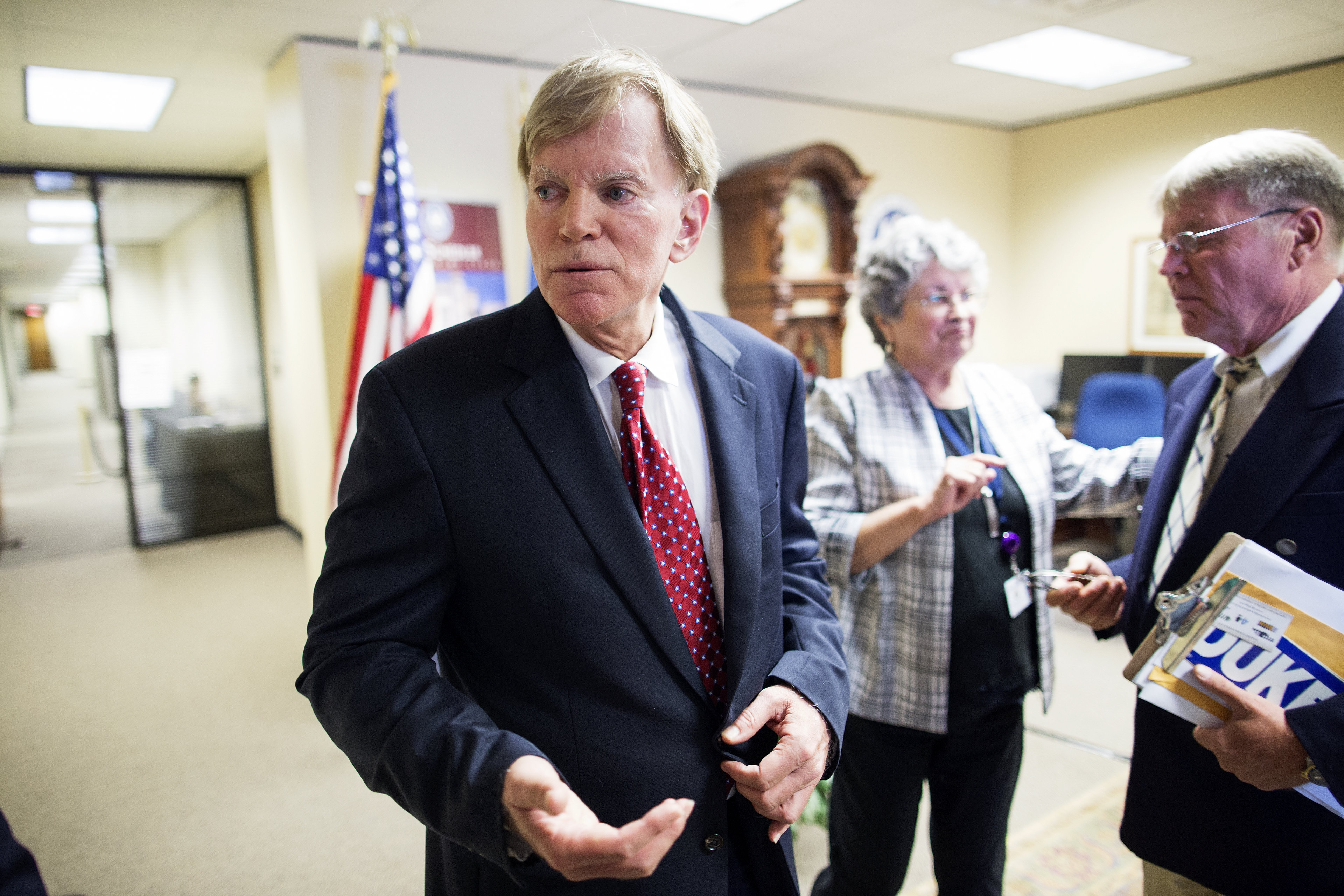 Former Ku Klux Klan leader David Duke talks to the media at the Louisiana Secretary of State's office after registering his candidacy for the November 8 ballot as a Republican in Baton Rouge, La. (AP Photo/Max Becherer)