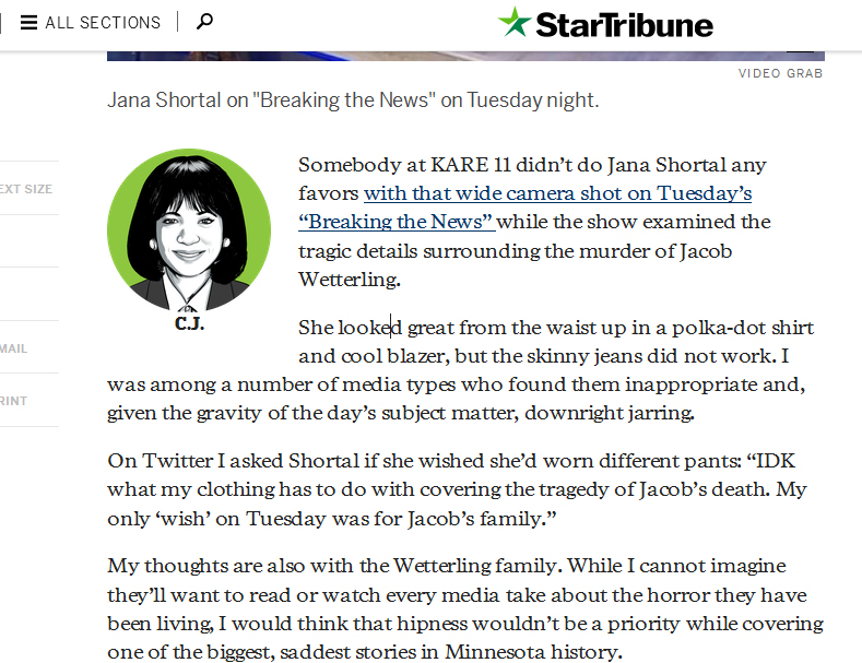 A screenshot of C.J.'s online column just before it was removed from the Star Tribune website.