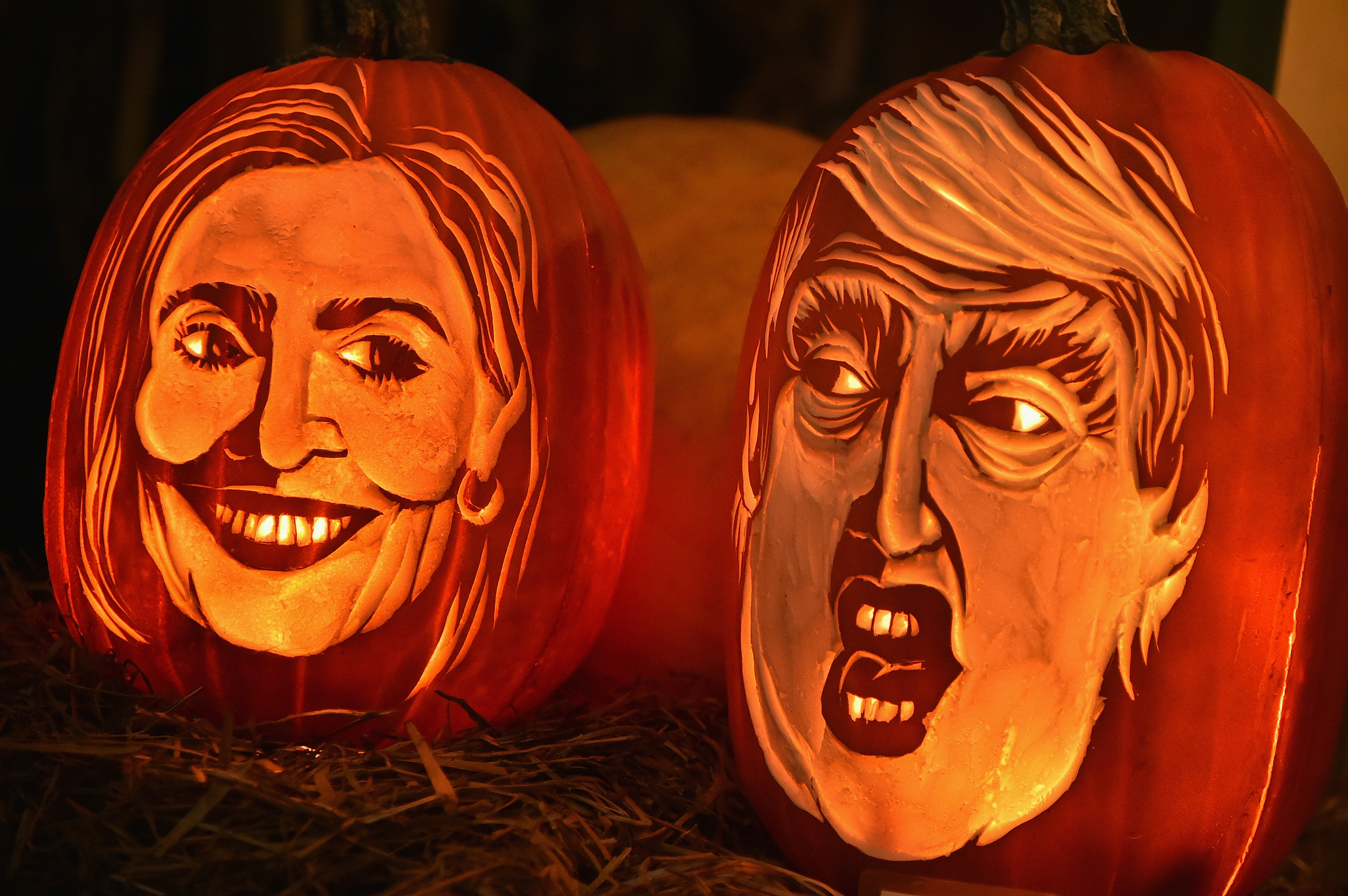 Master Carver Hugh McMahon creates giant Donald Trump and Hillary Clinton pumpkins at Chelsea Market this October in New York City. (Photo by Theo Wargo | Getty Images)
