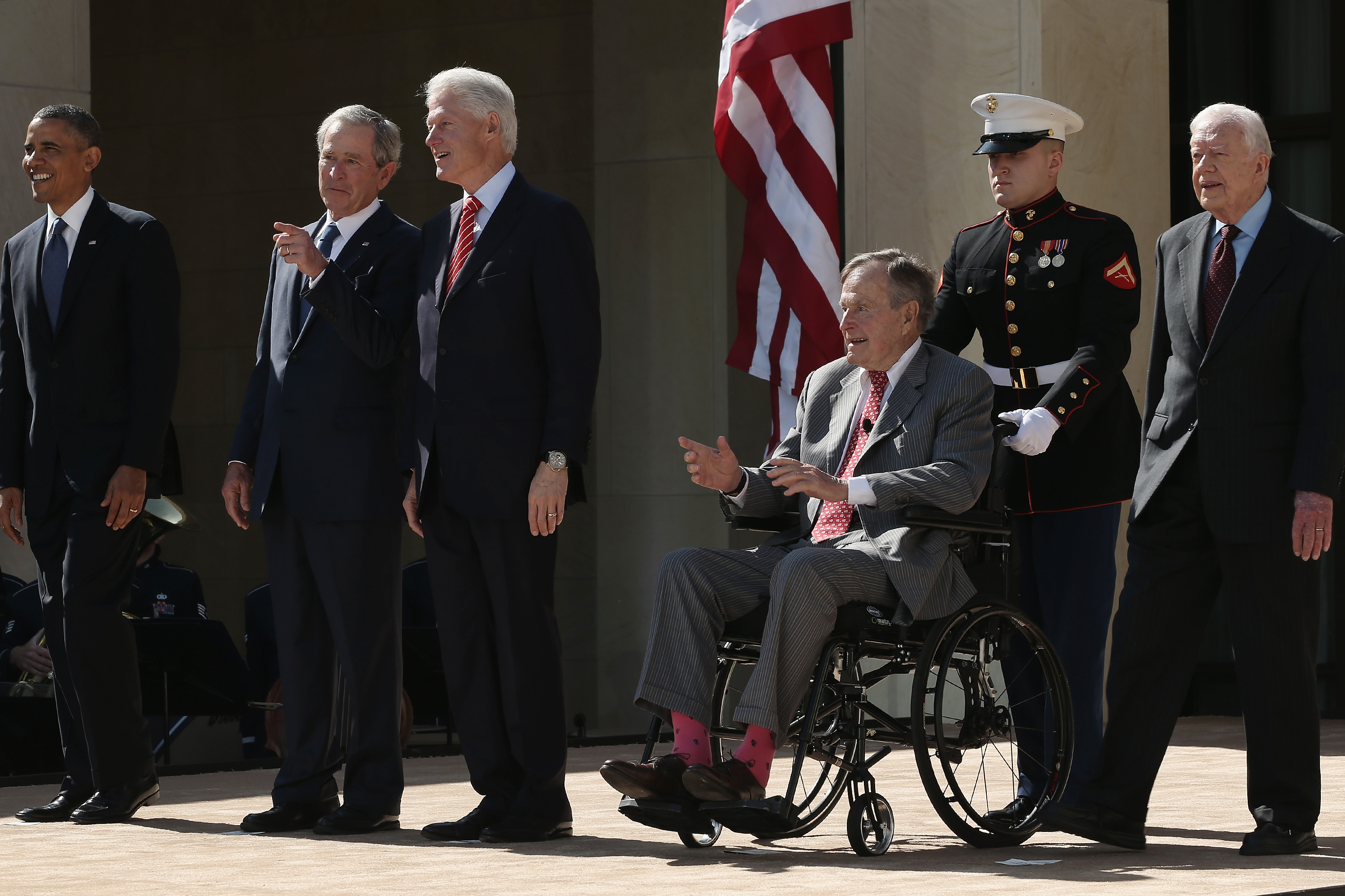 DALLAS, TX - APRIL 25:  (L-R) U.S. President Barack Obama, former President George W. Bush, former President Bill Clinton, former President George H.W. Bush and former President Jimmy Carter attend the opening ceremony of the George W. Bush Presidential Center April 25, 2013 in Dallas, Texas. The Bush library, which is located on the campus of Southern Methodist University, with more than 70 million pages of paper records, 43,000 artifacts, 200 million emails and four million digital photographs, will be opened to the public on May 1, 2013. The library is the 13th presidential library in the National Archives and Records Administration system.  (Photo by Alex Wong/Getty Images)