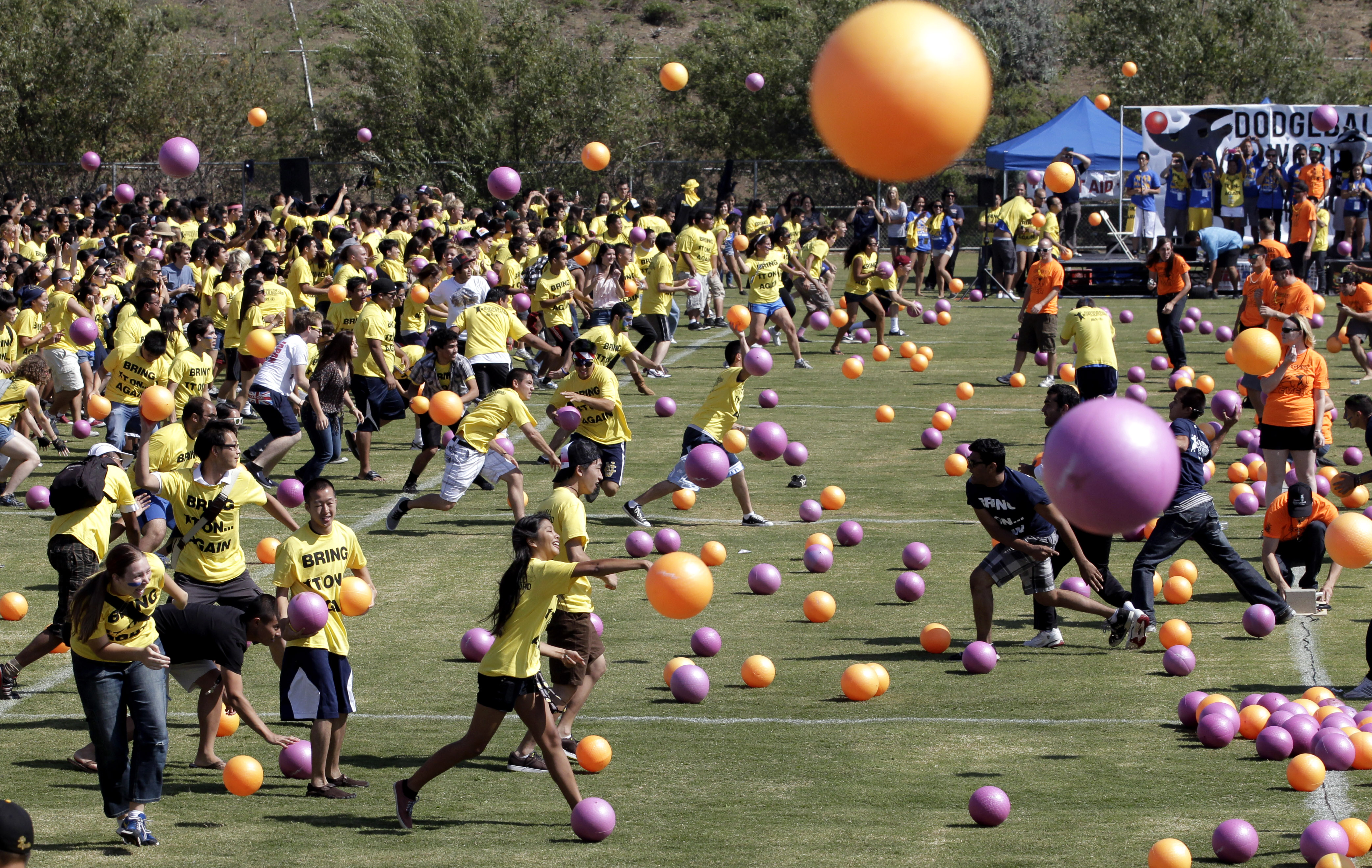 UC Irvine students play dodgeball in an attempt to set the Guinness world record for the largest dodgeball game in Irvine, Calif., Wednesday, Sept. 21, 2011. (AP File Photo/Jae C. Hong)