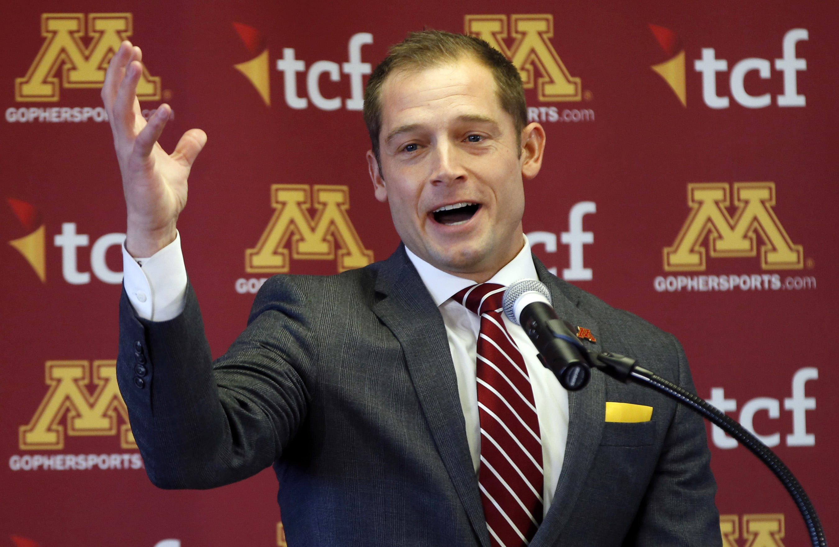 New University of Minnesota head football coach addresses the media after he was introduced during a news conference Friday, Jan. 6, 2017, in Minneapolis. AP Photo | Jim Mone.