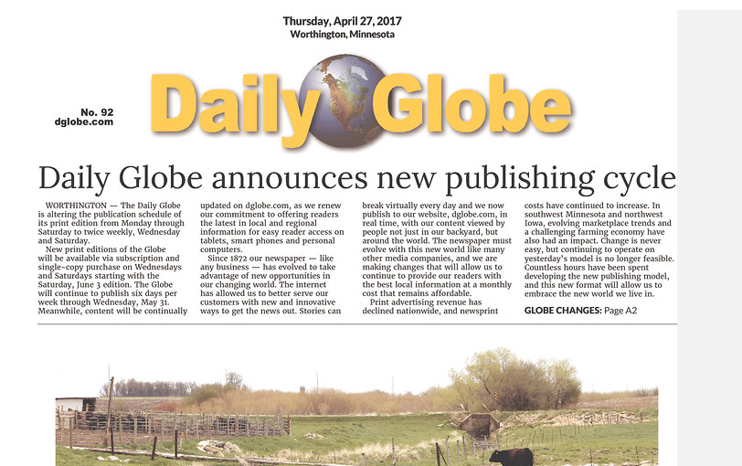 Worthington Daily Globe gives up on daily newspaper NewsCut