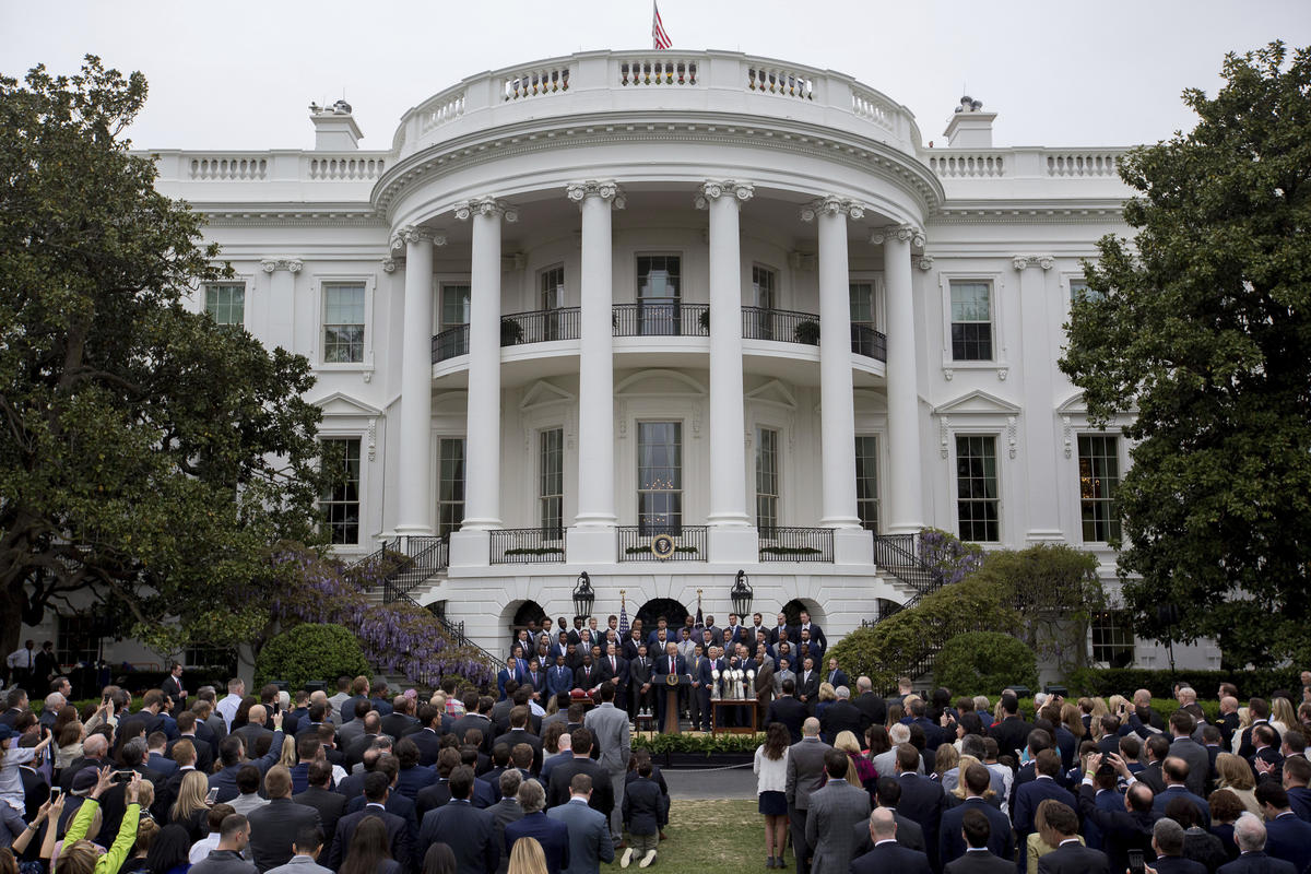 President Donald Trump speaks on the South Lawn of the White House in Washington, Wednesday, April 19, 2017, during a ceremony where he honored the Super Bowl Champion New England Patriots for their Super Bowl LI victory. (AP Photo/Andrew Harnik)