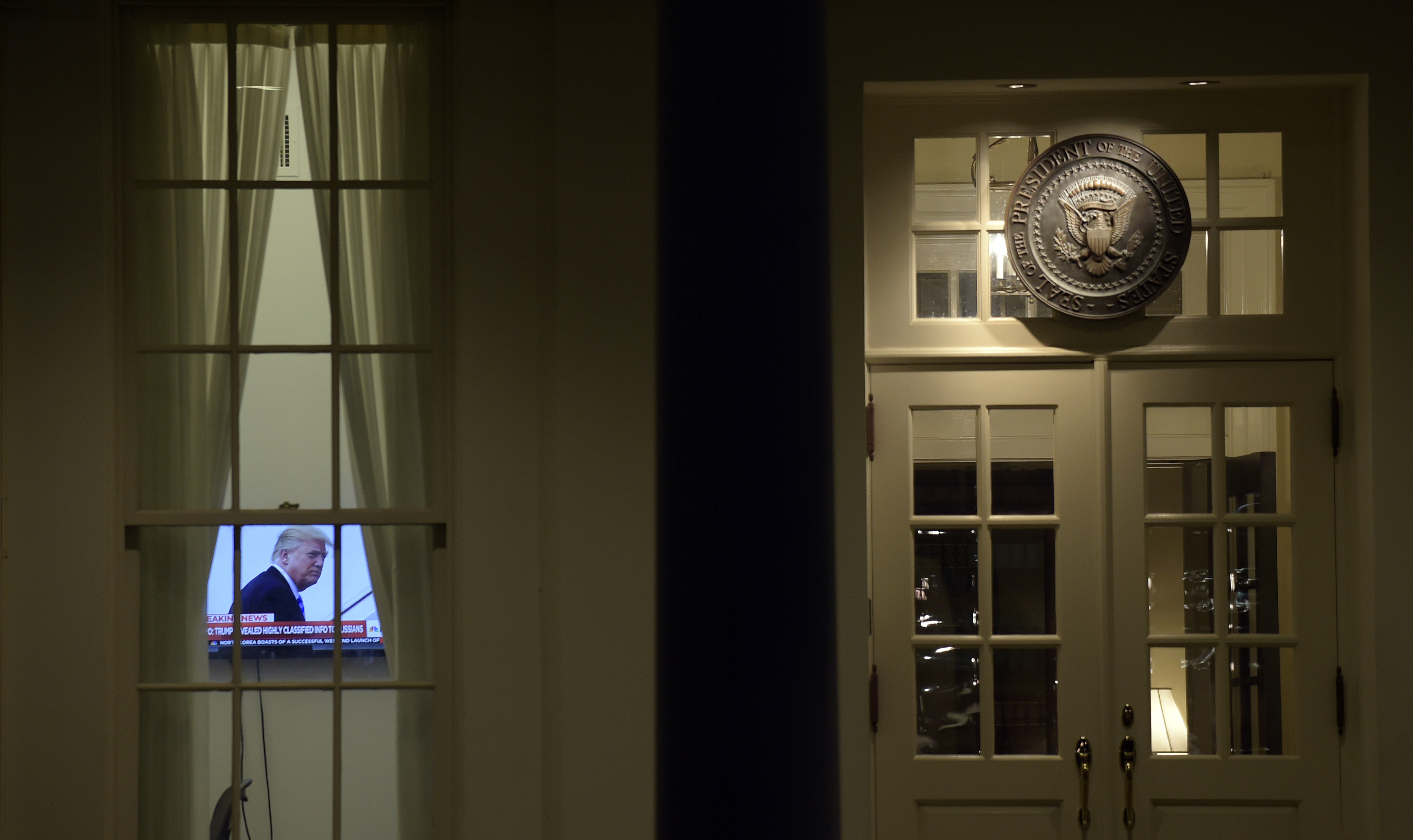 A television set is on in the West Wing of the White House in Washington, Monday, May 15, 2017. (AP Photo/Susan Walsh)