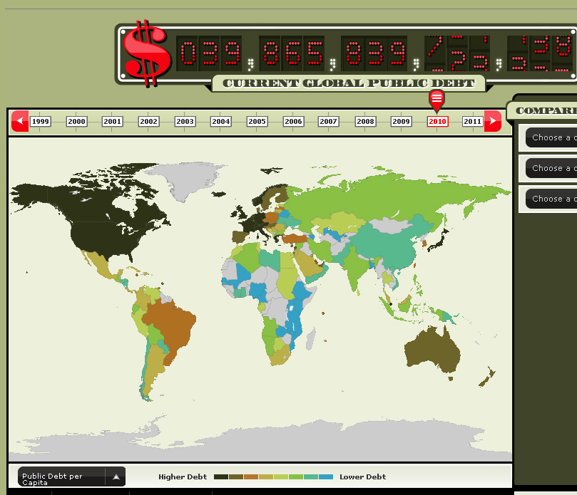 Choose your country. Current Global public debt. The Global debt Clock. Global debt Clock Map. The debt 2010.